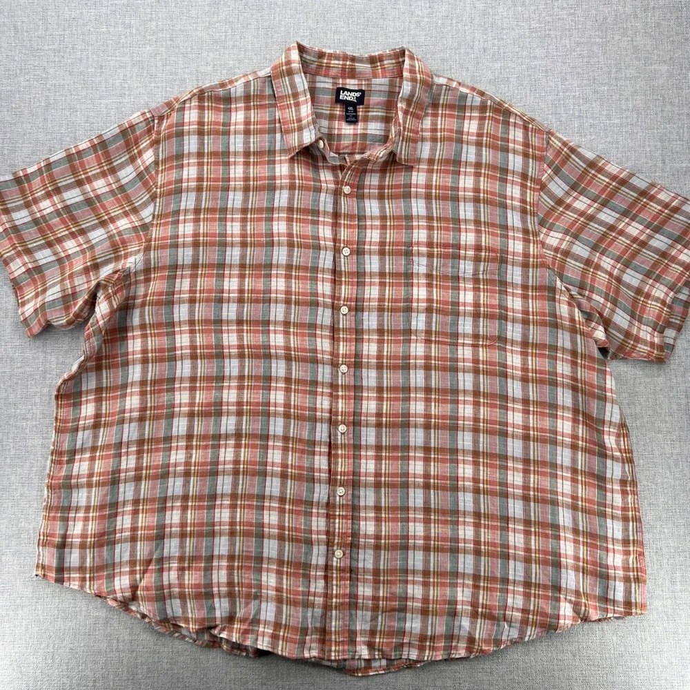 Lands End Linen Shirt‎ Plaid Short Sleeve Men 4XL Multicolor Coastal Resort